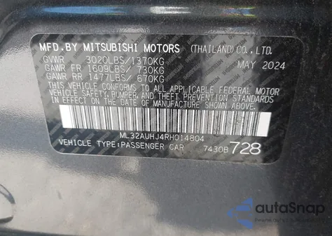 2024 Mitsubishi Mirage Es/Le z USA, uszkodzony, nr VIN ML32AUHJ4RH014804